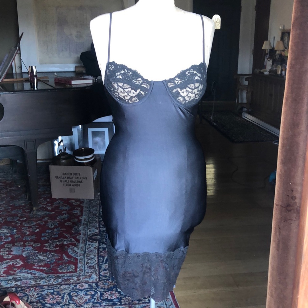 Sexy black satin spandex slip with lace stretch underwrite and gold detail